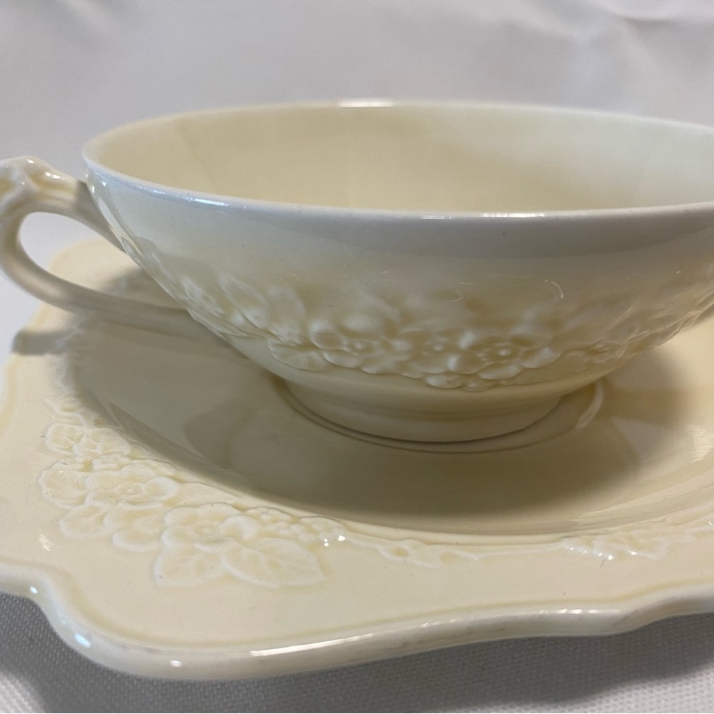 1930’s Crown Ducal Florentine Elegant Cream Floral Soup Bowl and Saucer Set